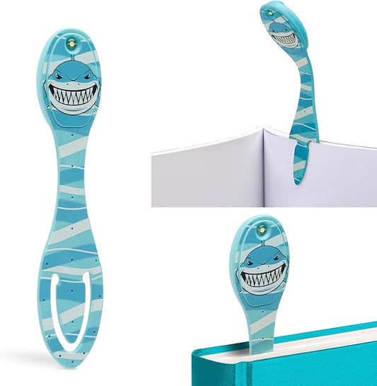Gifts for Readers & Writers Book Light, Clip On Reading Light for Bed, 2in1 Flexilight & Bookmark, Small & Lightweight with a Soft Glow, 2 Batteries Included, Shark