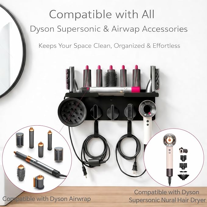 Dyson Airwrap Holder Wall Mount, 2in1 Dyson Airwrap Organizer and Dyson Hair Dryer Holder, Dyson Hair Dryer Stand Compatible with Dyson Airwrap Styler & Supersonic Nural Black BANJEKT