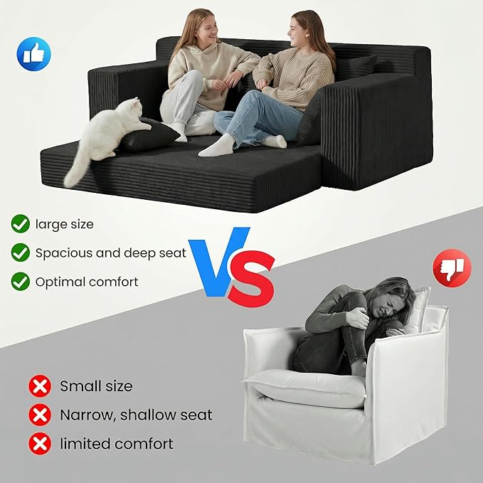 Convertible Sofa Bed, 5 in 1 Small Boneless Couch Pull Out Loveseat Sleeper Sofa,Corduroy Futon Couch Folding Mattress with 4 Pillows for Living Room Bedroom Lounge (No Assembly)