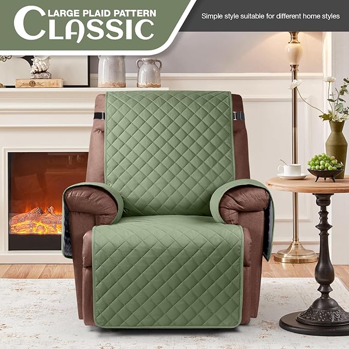 KinCam 100% Waterproof Recliner Chair Cover, Reclining Couch Covers for Pets, Dogs, Recliner Couch Slipcover Furniture Protector with Elastic Straps for Kids(25", Cactus Green)