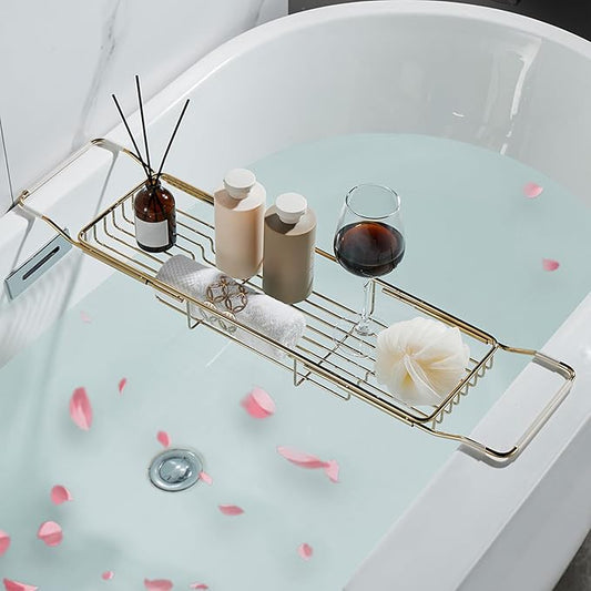 Stainless Steel Bathtub Caddy Tray, Expandable Bathtub Holder Table, Adjustable Bathroom Tray, Bath Organizer Tub Shelf,Gold,26.8~35.4in