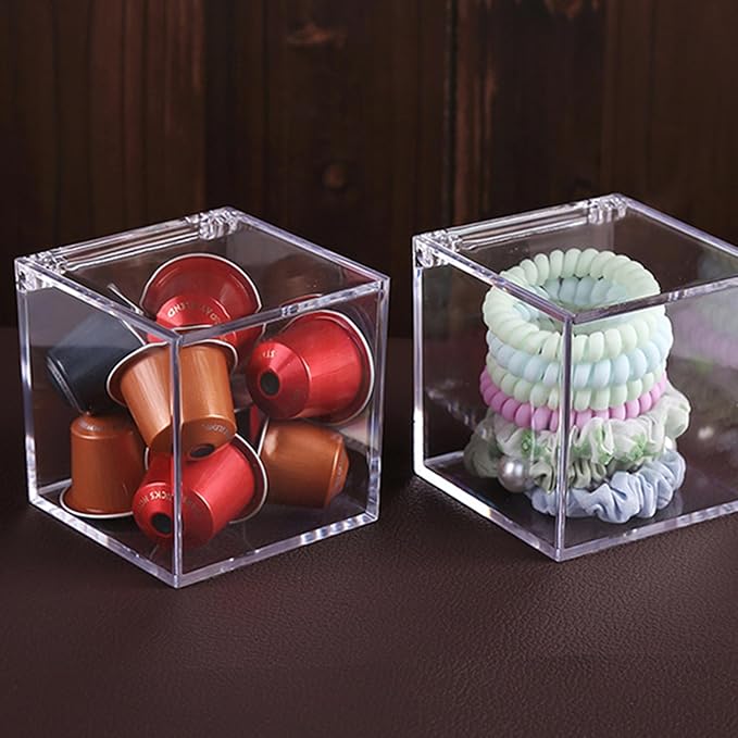 Acrylic Box with Hinge Lid, Clear Cube Display Case, Multi-Purpose Box Square Container for Holding Staples, Highlighters, Adhesive Tape, Paper Clips, Stamps, Display in Office or Home
