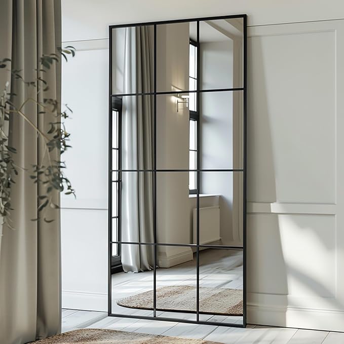Windowpane Mirror Full Length 71""x30"" Wall Mounted Art Pane Mirror Farmhouse Decorative Floor Mirror Leaning Hanging Wall Mirror for Bedroom Living Room Entrance, Black