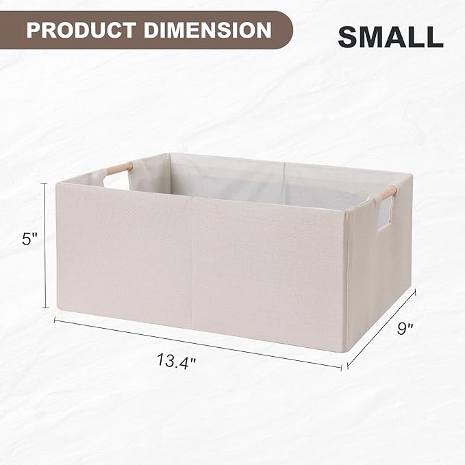 ANMINY 2PCS Storage Baskets for Organizing Collapsible Fabric Storage Bins Boxes with Wood Handles Closet Shelves Cube Organizer Bins Clothes Laundry Storage Container - Small, Beige