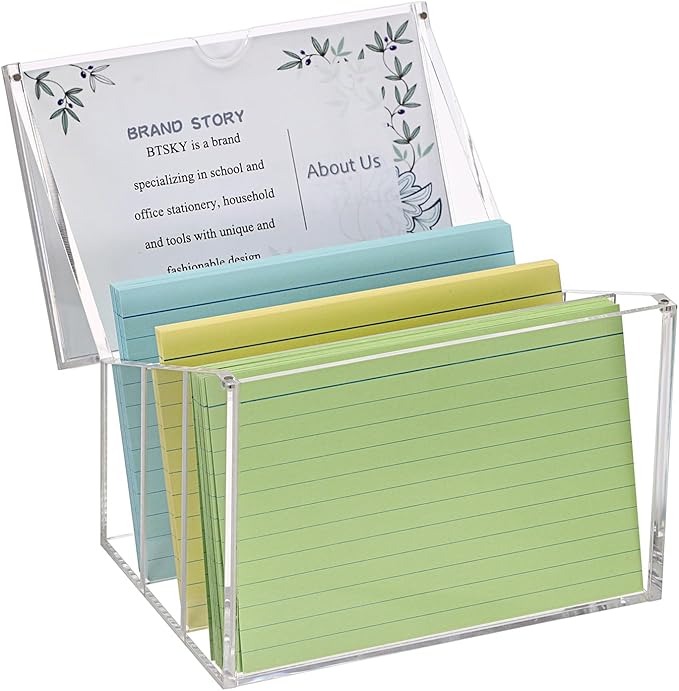 BTSKY Clear Acrylic 4 x 6 inch Index Card Box with Sign Lid & Removable Inserts, Divided 3-Compartment Index Card Holder Notecard Box Photo Storage Organizer for Filling Note Cards,Flashcards, Recipes