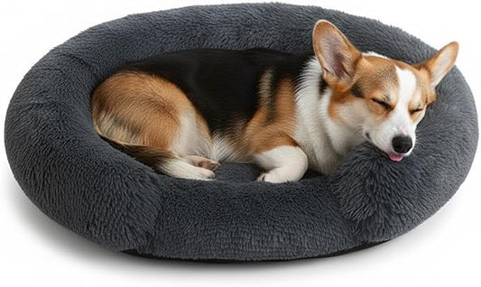 Fluffy Dog Bed Calming Donut Beds for Large Dogs Warming Round Small Medium Pet Nest Cozy Cat Mattress Indoor Washable Puppy Kennel Kittens Sleep Mat (M, 27.5×27.5 inch, Dark Gray)