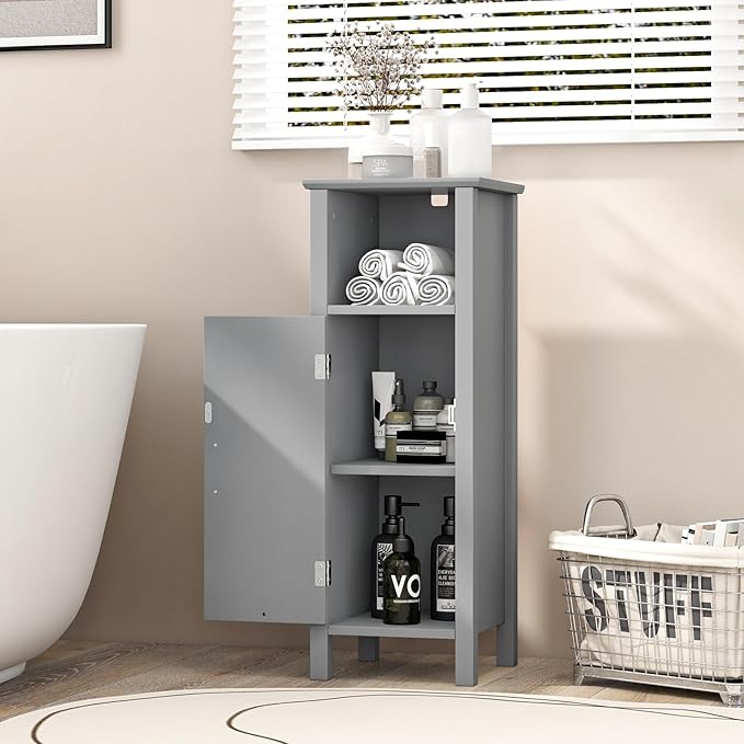 HAPPYGRILL Bathroom Floor Cabinet, Narrow Organizer Console Table Nightstand w/Adjustable Inner Shelves, Freestanding Storage Cabinet for Living Room Kitchen Entryway (Grey)