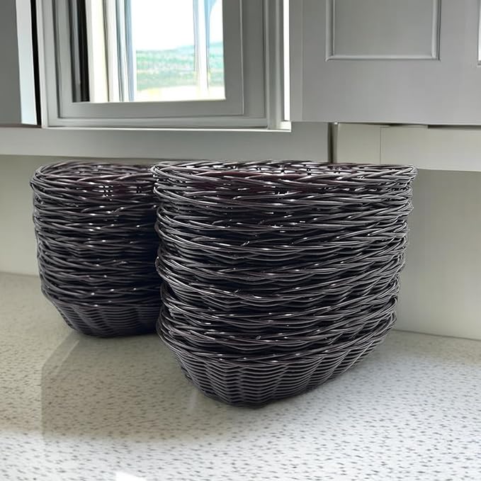 Cheardia 12 Pack Plastic Oval Basket, 8.6 X 6.3 X 2.1 Inch Woven Bread Baskets for Serving Small Empty Gift Baskets, Imitation Rattan Basket for Kitchen Restaurant Centerpiece Display - Dark Brown