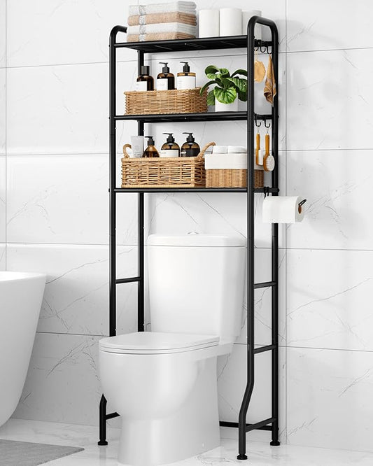 Kitsure Over Toilet Storage Rack - Metal Over Toilet Bathroom Organizer Shelf, Over the Toilet Storage Cabinet with Paper Holder and Hooks, Bathroom Cabinet for Laundry, Black, 3 Tiers (63.2" H)