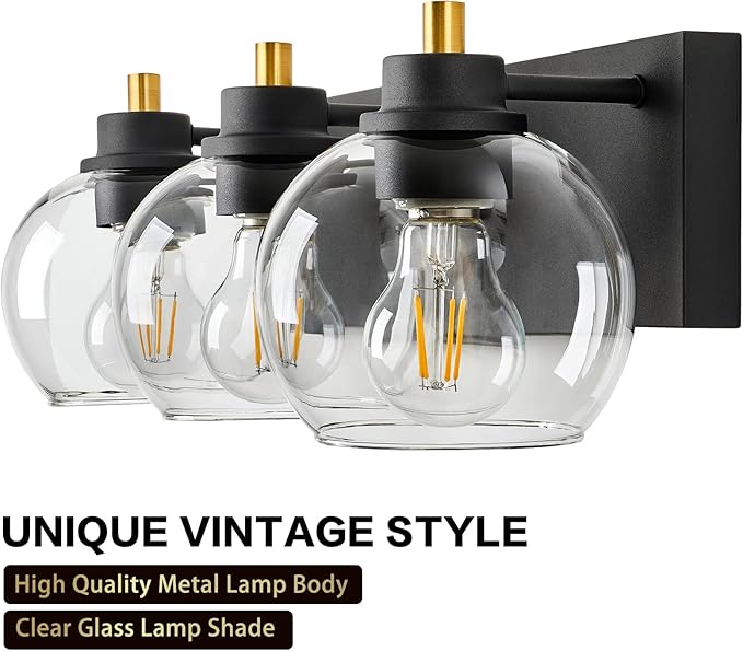 Tuscarora 3 Light Bathroom Vanity Light, Black and Gold Bathroom Light Fixtures Over Mirror, Modern Vanity Light with Clear Glass Shade, Black Wall Sconce for Mirror