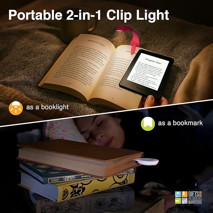 Gifts for Readers & Writers Book Light, Clip On Reading Light for Bed, 2in1 Flexilight & Bookmark, Small & Lightweight with a Soft Glow, 2 Batteries Included, Light Poo