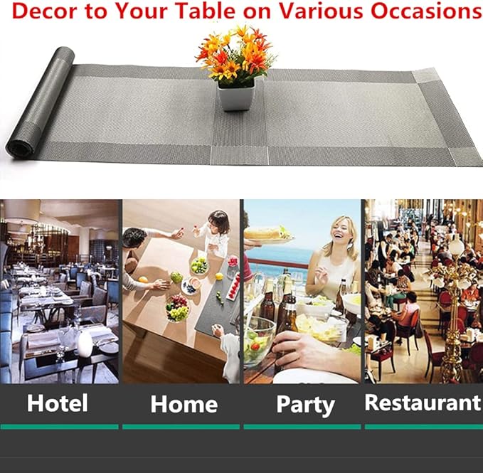 Placemats, Washable PVC Table Mats, Woven Vinyl Placemat for Dining Table Place Mats Set (6 placemats and 1 Table Runner, Silver and Grey)