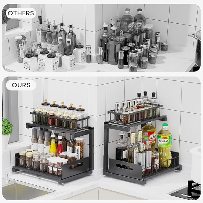 Under Sink Organizer, Heavy Duty Metal Slide Out Sink Shelf Organizer Height Adjustable, Multi-Purpose Storage Shelf for Kitchen Bathroom (Black,2Pack)