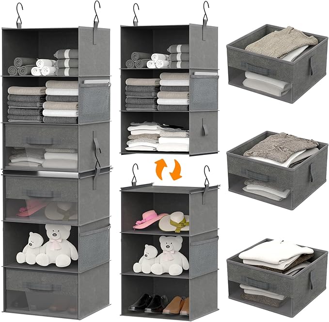 6-Shelf Hanging Closet Organizer with Shelves and Drawers, Modern Style, Hanging Organizer