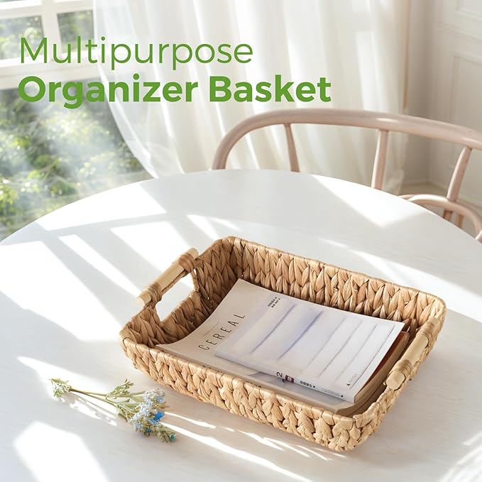 Wicker Storage Basket with Wooden Handles, Large Water Hyacinth Basket for Organizing Shelves, Natural Woven Storage Baskets for Snack, Gift, 1 Pack