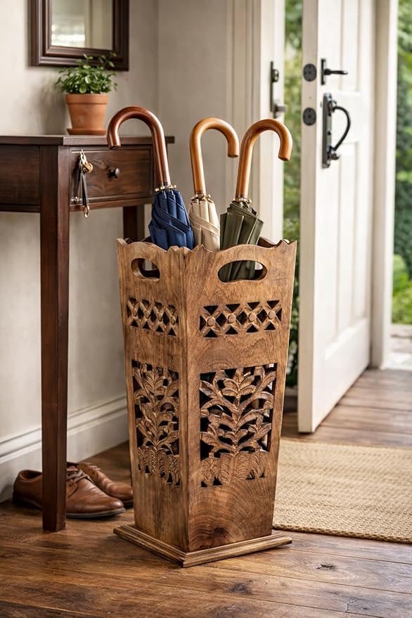 Hand-Carved Wooden Umbrella Stand & Walking Cane Holder | 21 Inch Tall Decorative Umbrella Rack for Entryway, Home & Office | Rustic Floor Storage Organizer