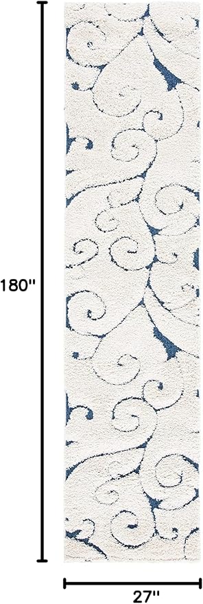 SAFAVIEH Florida Shag Collection Runner Rug - 2'3" x 15', Cream & Blue, Scroll Design, Non-Shedding & Easy to Clean, High-Low Plush Pile, Ideal for Bedroom, Foyer, Hallway (SG455-1165)
