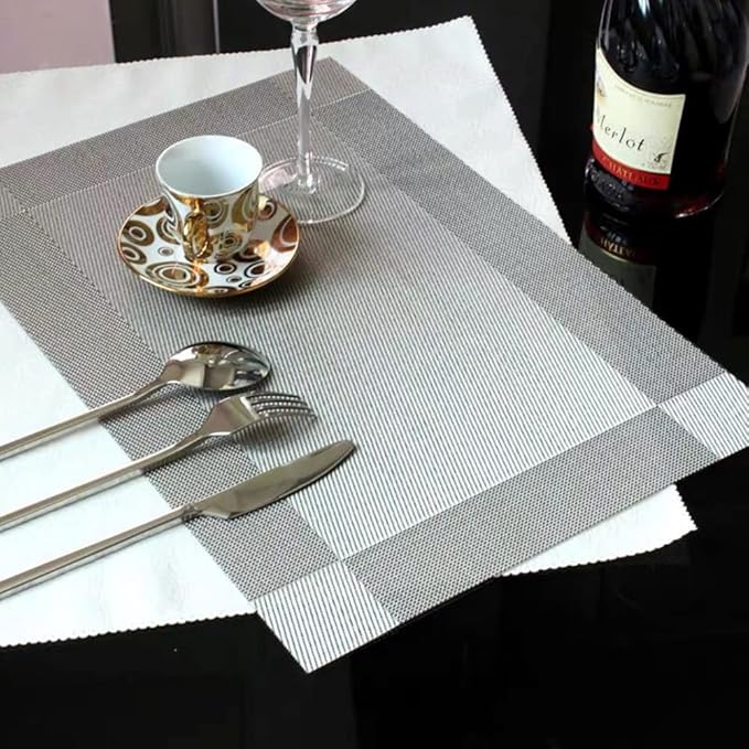 Placemats, Washable PVC Table Mats, Woven Vinyl Placemat for Dining Table Place Mats Set (6 placemats and 1 Table Runner, Silver and Grey)