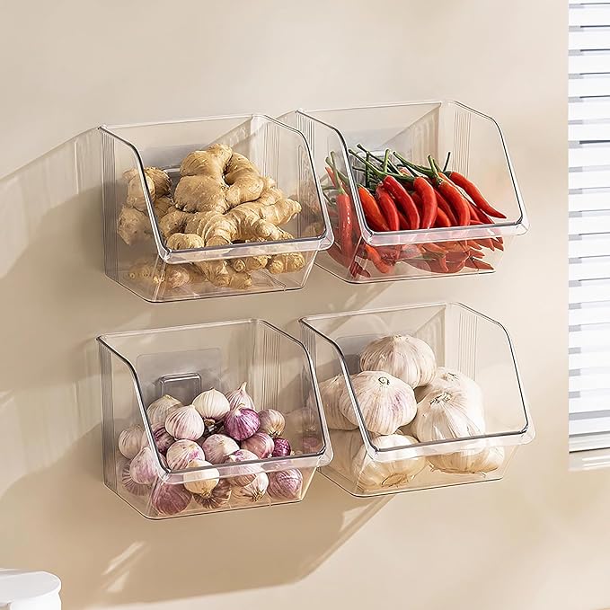 6-Pack Small Clear Storage Baskets, Adhesive Spice Rack Wall Mount for Countertop/Cabinet/Bathroom, Plastic Storage Bins Kitchen Wall Organizer and Storage Shelves, Spice Organizer