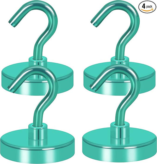 Neosmuk Magnetic Hooks Heavy Duty, Strong Magnet with Hook for Fridge, Super Neodymium Extra Strength Industrial Hooks for Hanging, Magnetic Hanger for Toolbox, Cruise, Grill(Green,4 Pack)