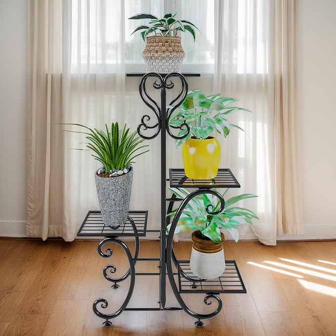 4 Tier Metal Plant Stand Indoor, Tiered Corner Plant Holders for Multiple Plants, 29 Inch Tall Flower Pot Holde Display Stand for Patio Garden Living Room Balcony Bedroom, Black