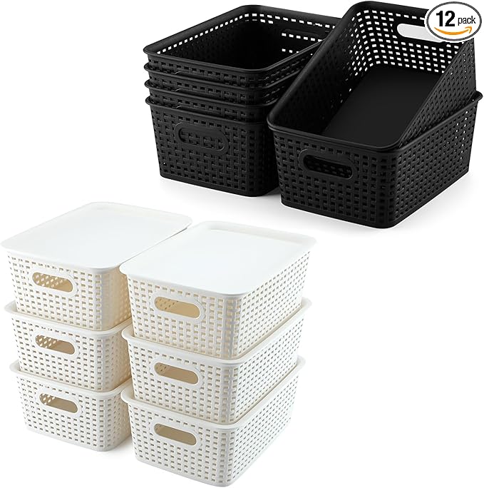 AREYZIN 12 Pack Bundles Plastic Storage Baskets Including Set of 6 Durable Small Organizer Bins Storage Baskets