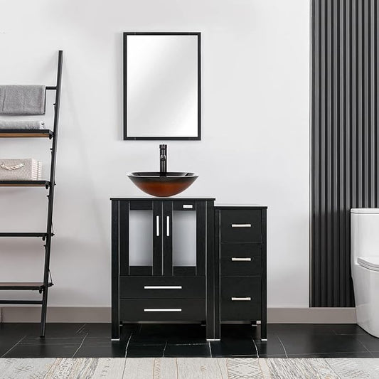 eclife 36" Modern Bathroom Vanity Sink Combo Freestanding Cabinet with Small Side Cabinet, Brown Square Glass Vessel Sink, Water Save Faucet, Drain (Black+A48)