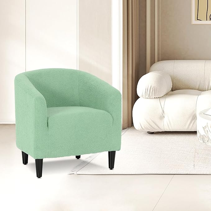 Athena Collection Modern Barrel Accent Chair, Furry Cozy Reading Arm Chair for Adults, Soft Comfy Upholstered Sofa Armchair for Corner, Living Room, Bedroom, Reception Room, Green