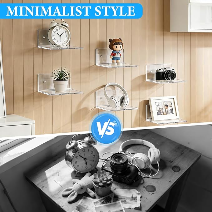 6 Pack Acrylic Mini Wall Mount Floating Shelves, Clear Small Flexible Shelf for Wall Security Camera Shelf for Bedroom, Bathroom, Living Room, Office with 2 Types of Installation