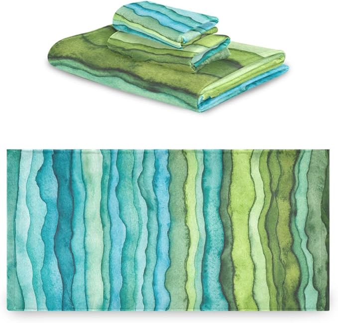 Teal Blue Green Bath Towel Set - 3 Piece Soft Absorbent Watercolor Sea Wave Striped (1 Bath, 1 Hand, 1 Washcloth) - Decorative for Bathroom, Shower, Hair, Face