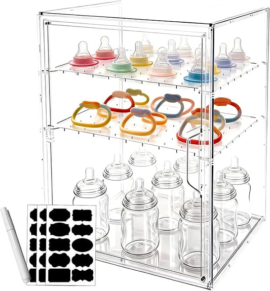 YESGIRL 3-Tier Clear Baby Bottle Organizer,Clear Stackable Acrylic Storage With Drawer for Countertop Cabine Storage Station Case Box Container for Nipples Pump Parts Food Jars