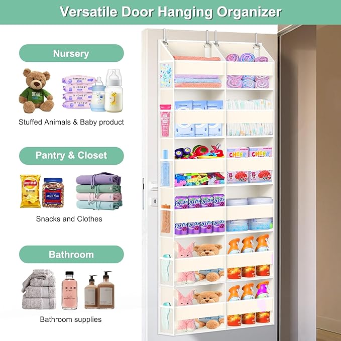 Heavy Duty Over The Door Organizer 6 Tiers, Extra Large Behind Door Storage of 12 Big Front & 12 Mesh Pockets, 80lb Weight Capacity, Hanging Doors Storage for Closet Bedroom Nursery, Beige