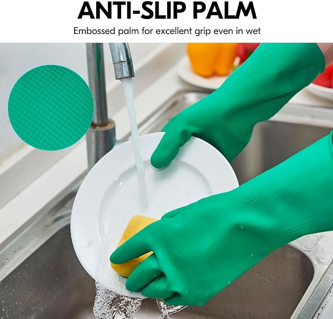 Vgo... 2-Pairs Reusable Household Gloves, Rubber Dishwashing gloves, Extra Thickness, Long Sleeves, Kitchen Cleaning, Working, Painting, Gardening, Pet Care (Size L, Green, HH4601)