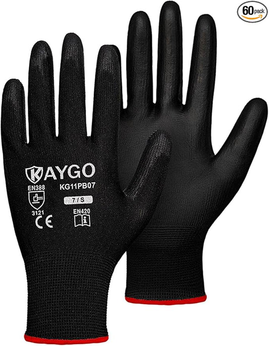 KAYGO Work Gloves for Men and Women,60 Pairs Seamless Knit PU Coated Safety Gloves, with Smooth Grip on Palm and Fingers, Ideal for Light Warehouse, Manufacturing, Gardening, KG11P (S, Black)