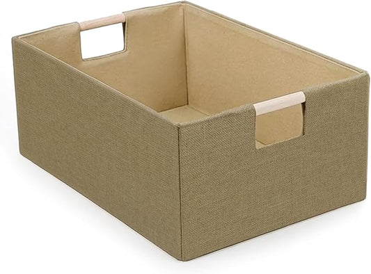 Foldable Fabric Storage Basket for Shelves, Linen Decorative Storage Bin with Wooden Handles, Small Organizer Cube for Closet, Rectangle Canvas Box for Organizing, Decor, 15x10.6x6 Inches (Brown)