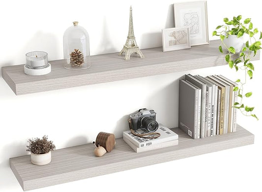 36 Inch Floating Shelves, 8 Inch Deep Floating Shelves for Wall, Hanging Shelf with Invisible Brackets, Deep Shelves for Bathroom, Bedroom, Living Room, Grey, Set of 2