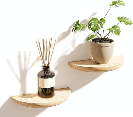 Floating Wall Shelves Set of 2 - Solid Wood Half Round Shelves for Bedroom & Bathroom