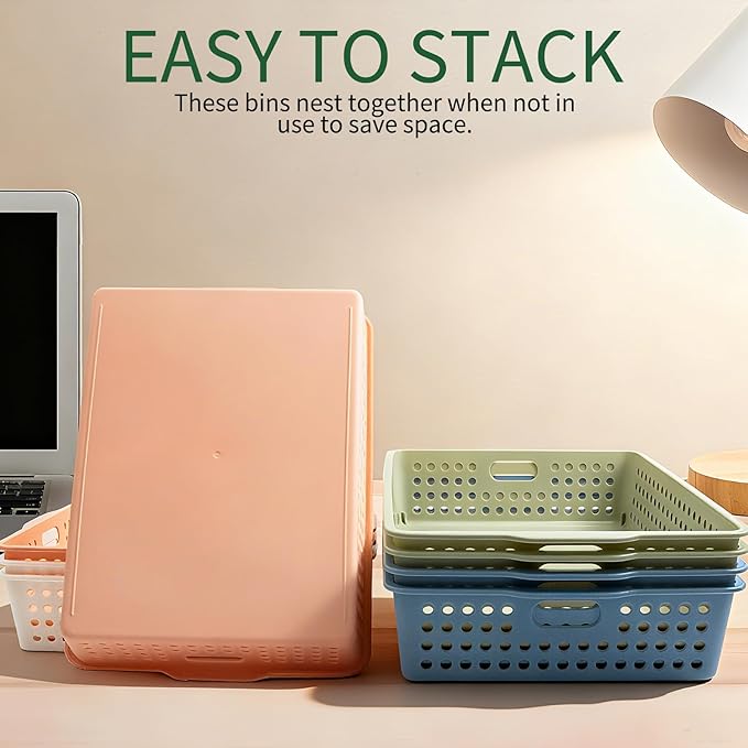 8 Pack Paper Organizer Baskets Trays, 14 Inch Colorful Plastic Storage Baskets Stackable Organizer Bins with Handles, for Pencil, Arts, Crafts, Shelf Classroom Book Library Office