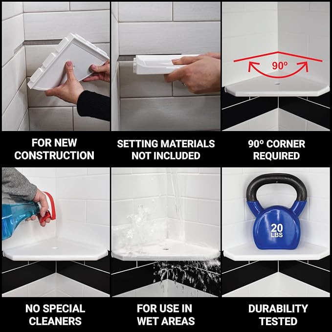 Questech 10" Corner Shower Shelf - Lugged for New Construction, Shower Organizer for Tiled Walls, Corner Caddy Soap Dish Bathroom Storage, Metro Lugged, Sand Matte