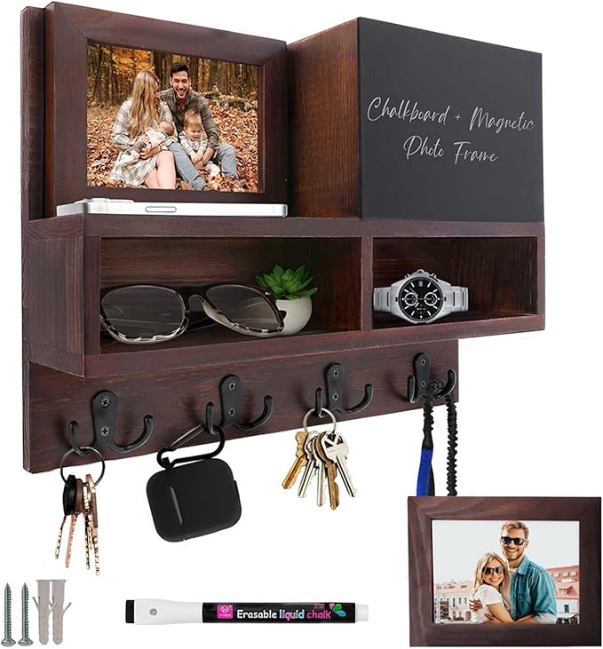 Spacelog Key and Mail Holder for Wall with Chalkboard – Magnetic Photo Frame Key Holder Wall Mount, Dark Walnut, Dual Storage & Cupboards Mail and Key Organizer for Wall