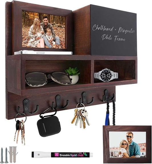 Spacelog Key and Mail Holder for Wall with Chalkboard – Magnetic Photo Frame Key Holder Wall Mount, Dark Walnut, Dual Storage & Cupboards Mail and Key Organizer for Wall