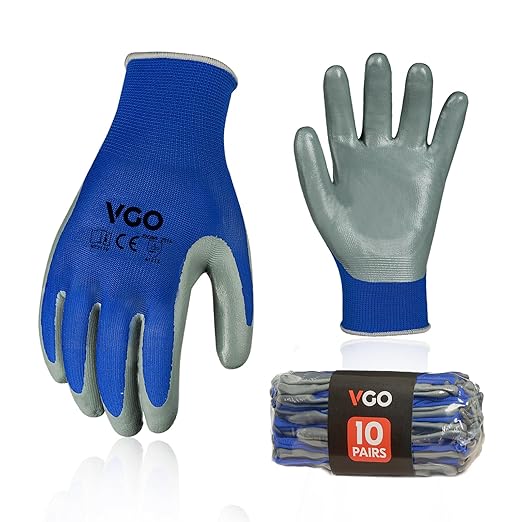 10-Pairs Safety Work Gloves, Gardening Gloves, Non-slip Nitrile coating, Dipping Gloves (Size S, Blue, NT2110)