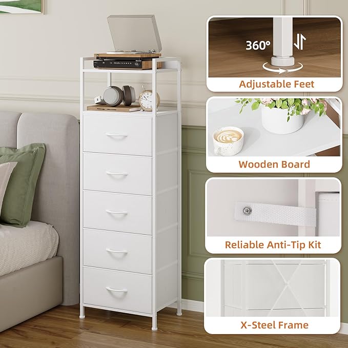 Somdot White Tall Night Stand for Bedroom,Tall 5 Drawers Dresser, Vertical Storage Tower Unit, Nightstand Furniture with Fabric Drawer Organizer in Bedside Kids Dorm Room Closet Laundry Entryway