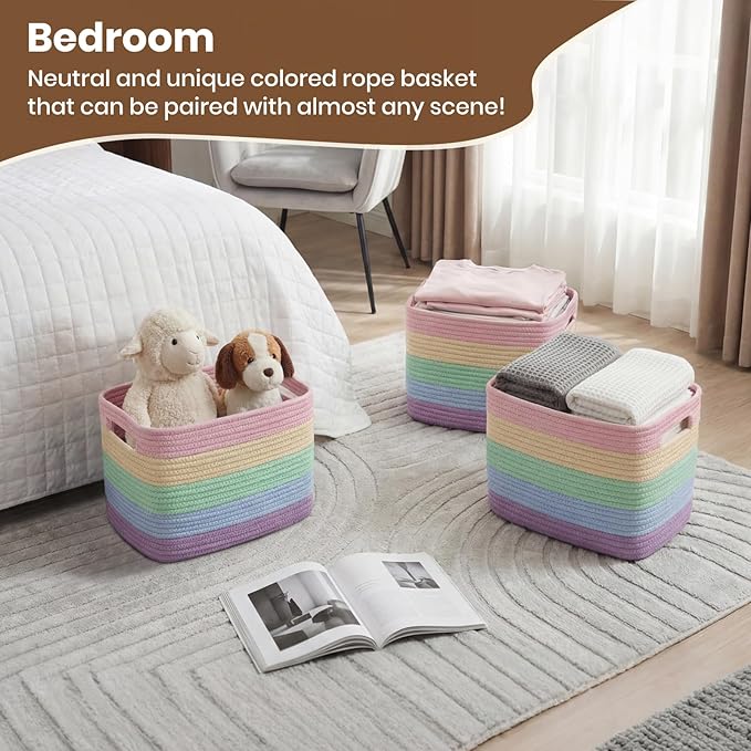 Storage Baskets for Organizing, 14 x 10 x 9” Closet Shelf Woven Baskets, Square Bins with Handles, Cotton Rope Basket for Toys, Clothes, Office, Room, Rainbow 1 Pack