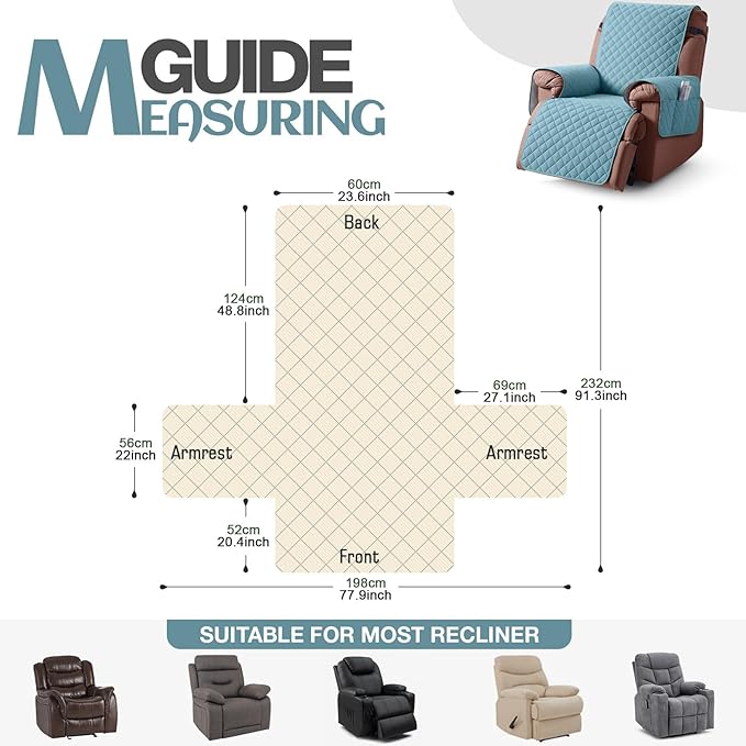 KinCam 100% Waterproof Recliner Chair Cover, Reclining Couch Covers for Pets, Dogs, Recliner Couch Slipcover Furniture Protector with Elastic Straps for Kids(23.6", Light Blue)