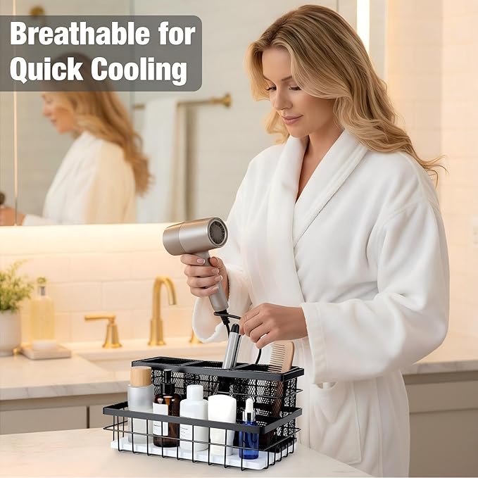 1 Pcs 1pcs Hair Tool Organizer Countertop Breathable Metal Bamboo Hot Tools Vanity Organizer Under Sink Bathroom Hair Dryer Holder Countertop Brush Comb Holder Tray (White Bamboo,Black)