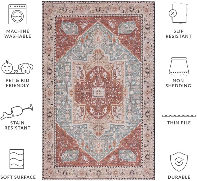 SAFAVIEH Washable Rug Tucson Collection - 2'6" x 4', Aqua & Rust, Slip Resistant & Easy to Clean, Ideal for Living Room, Bedroom, Dining Space (TSN150J)