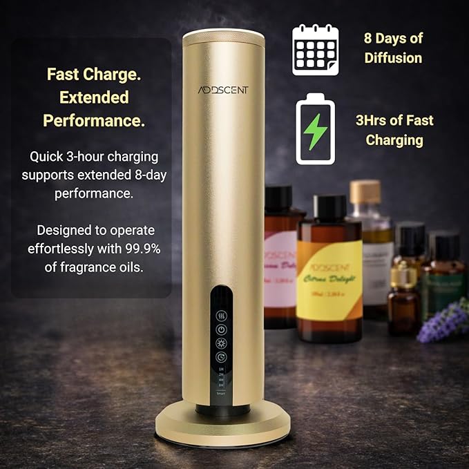 Waterless Fragrance Oil Diffuser Gold, 120ml Smart Timer, Bluetooth & Manual Control, Whisper Quiet Rechargeable Aroma Machine for Home Office Spa Hotel - 1500sqft - Fragrance Not Included