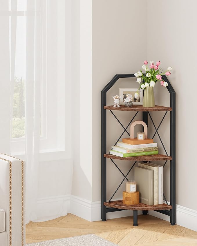 3-Tier Corner Shelf, Industrial Corner Bookshelf, 35.4" Storage Stand, Plant Stand Display Shelf, Bookcase for Bedroom, Living Room, Home Office, Rustic Brown and Black TCJ03BF