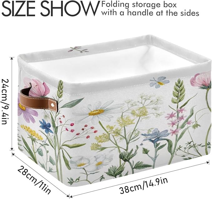 xigua Storage Basket Elegant Wildflowers Storage Bin with Handle, Large Storage Cube Collapsible for Shelves Closet Bedroom Living Room 1PC